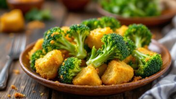 Brócoli rebozado dorado y crujiente en un plato