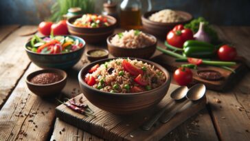 Tazón de arroz integral con verduras frescas y especias