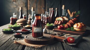 Botella de kétchup sobre una mesa de cocina