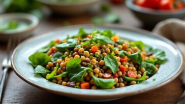 Ensalada colorata di lentejas con verdure fresche