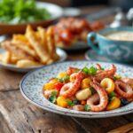 Plato típico de la gastronomía gallega con mariscos y empanada