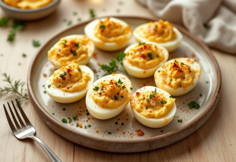 Huevos rellenos de pollo gratinados listos para servir