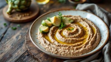 Hummus de lentejas con alcachofas fresco y colorato