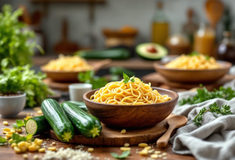 Pasta con calabacín servida en un plato para bebés