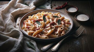Pasta con salsa di vodka servita in un piatto elegante