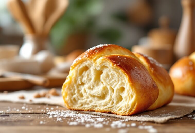 Brioche dorata appena sfornata con decorazioni
