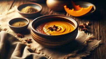 Una ciotola di sopa de calabaza calda e cremosa