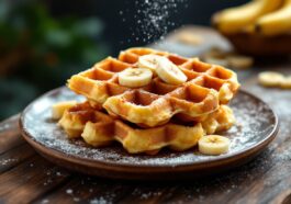 Gofres di plátano serviti con frutta fresca