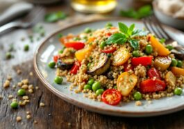 Piatto di quinoa con verdure fresche e colorate