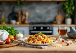 Piatto di arroz con chorizo pronto da servire