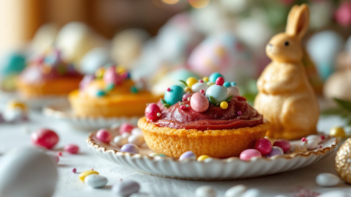 Mona de Pascua decorada con colorati dolci tipici