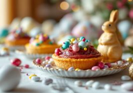 Mona de Pascua decorada con colorati dolci tipici