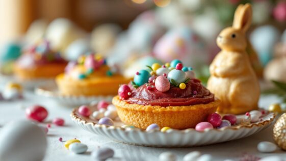 Mona de Pascua decorada con colorati dolci tipici