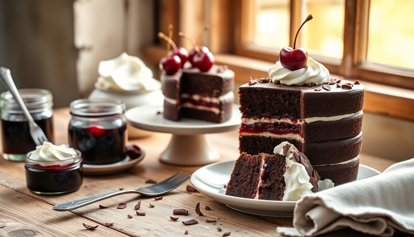 Receta de tarta selva negra con nata, cerezas y virutas de chocolate